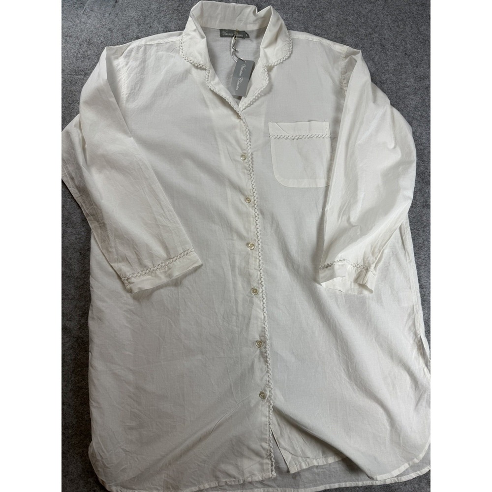 New Victorian Classics Women's L Picot Trim White 100% Cotton Sleep Shirt